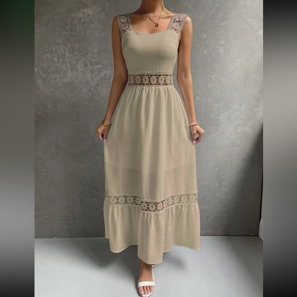 Boho khaki lace insert maxi dress LAST PACK - Picture 1 of 6